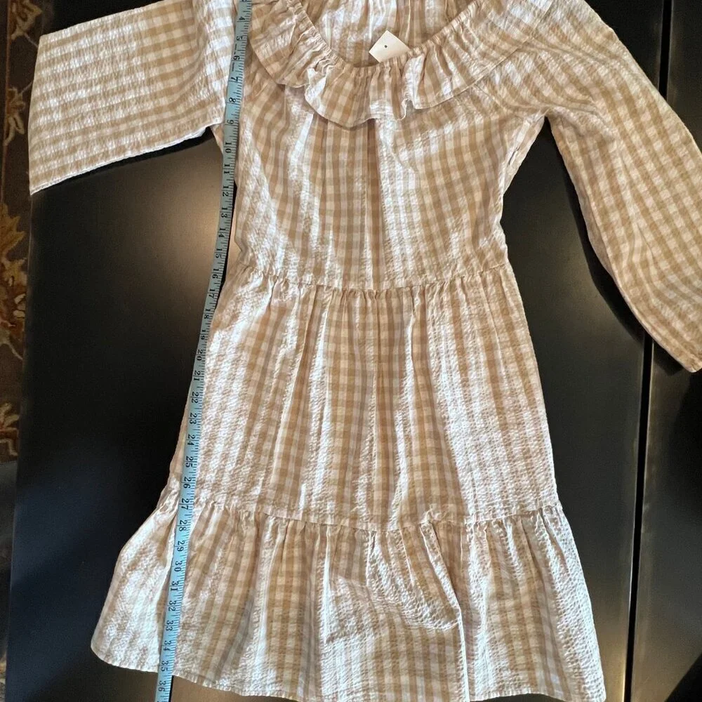 NWT J. Crew Seersucker Ruffleneck tiered mini dress, Sumner, Tan & White, Size 2